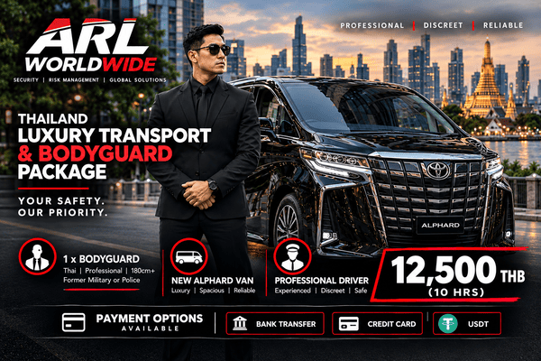 Professional Bodyguard and Driver Security Package Bangkok, Thailand. 12,500 THB 10 Hrs. Contact Us Today